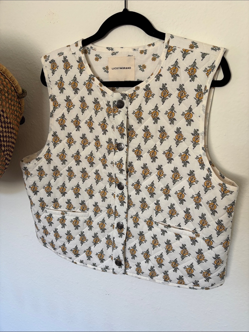 Lucky Brand Cream Quilted Vest with Mustard Floral Print